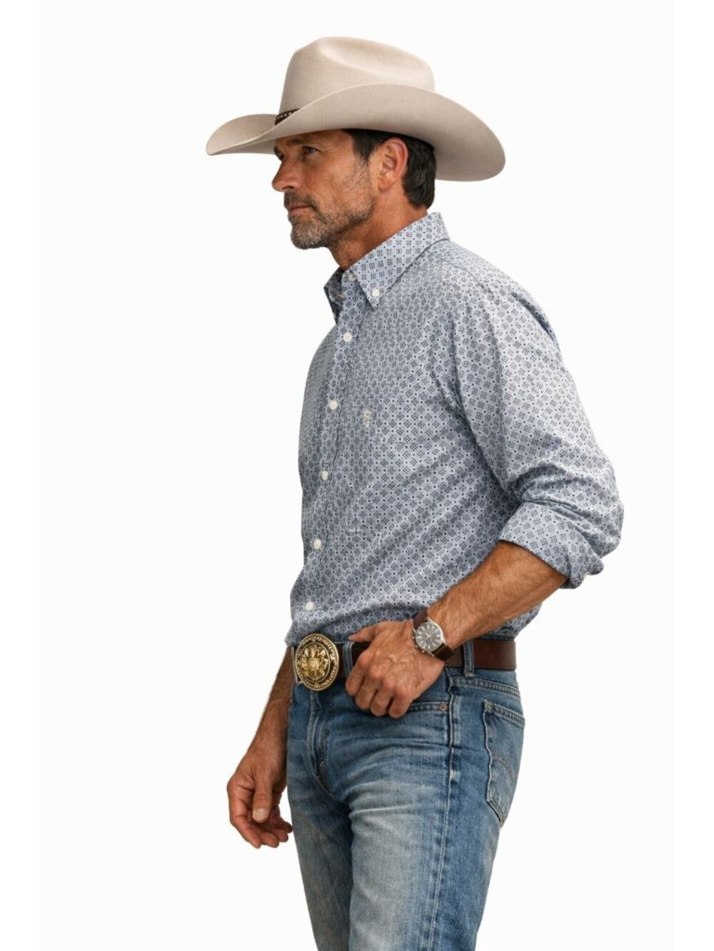 Ariat Mens Long Sleeve Button-Up Western Shirt Blue Geometric Print XXL Cotton